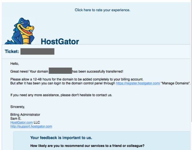 HostGator email autoresponse to domain transfer